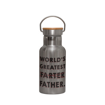 World's greatest farter, Stainless steel metallic thermos flask, silver with a bamboo lid, double-walled, 350ml.