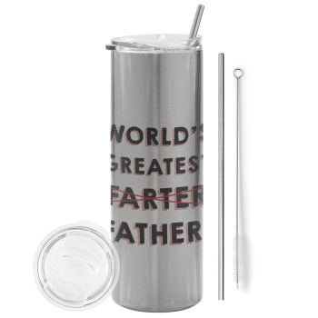 World's greatest farter, Eco friendly ποτήρι θερμό Ασημένιο (tumbler) από ανοξείδωτο ατσάλι 600ml, με μεταλλικό καλαμάκι & βούρτσα καθαρισμού