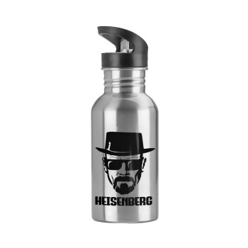 Heisenberg breaking bad, Water bottle Silver with straw, stainless steel 600ml