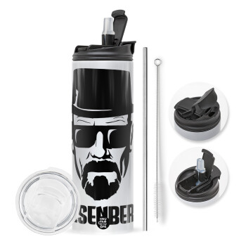 Heisenberg breaking bad, Travel Tumbler θερμό με διπλό καπάκι, μεταλλικό καλαμάκι και βούρτσα καθαρισμού (Ανωξείδωτο 304 Food grade, BPA free, 600ml)