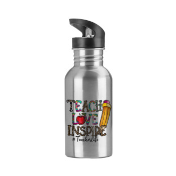Teach, Love, Inspire, Water bottle Silver with straw, stainless steel 600ml