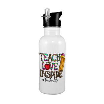 Teach, Love, Inspire, White water bottle with straw, stainless steel 600ml