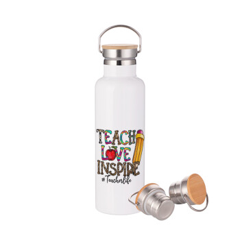 Teach, Love, Inspire, Stainless steel White with wooden lid (bamboo), double wall, 750ml