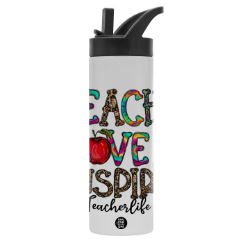 Teach, Love, Inspire, Metallic thermos bottle with straw & handle, stainless steel (Stainless steel 304), double-walled, 600ml.