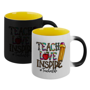 Teach, Love, Inspire, Κούπα Μαγική εσωτερικό κίτρινη, κεραμική 330ml που αλλάζει χρώμα με το ζεστό ρόφημα