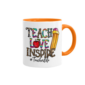Teach, Love, Inspire, Κούπα χρωματιστή πορτοκαλί, κεραμική, 330ml