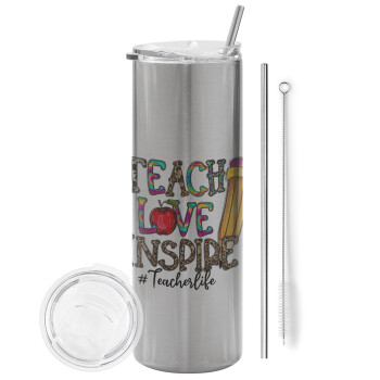 Teach, Love, Inspire, Eco friendly stainless steel Silver tumbler 600ml, with metal straw & cleaning brush