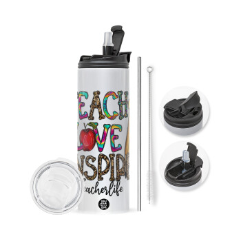 Teach, Love, Inspire, Travel Tumbler θερμό με διπλό καπάκι, μεταλλικό καλαμάκι και βούρτσα καθαρισμού (Ανωξείδωτο 304 Food grade, BPA free, 600ml)