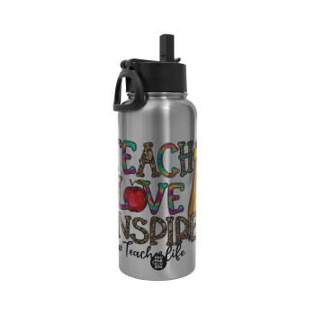 Teach, Love, Inspire, Metal mug thermo Silver with Straw and Spout Lid (Stainless steel), double wall, 950ml