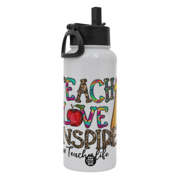 Teach, Love, Inspire, Metal mug thermo White with Straw and Spout Lid (Stainless steel), double wall, 950ml