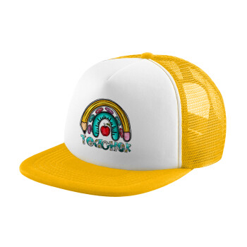 Teacher, Adult Soft Trucker Hat with Yellow/White Mesh (POLYESTER, ADULT, UNISEX, ONE SIZE)