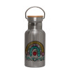 Stainless steel metallic thermos flask, silver with a bamboo lid, double-walled, 350ml.