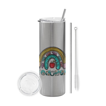 Teacher, Tumbler stainless steel Silver 600ml, with metal straw & cleaning brush