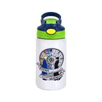 Wednesday window, Children's hot water bottle, stainless steel, with safety straw, green, blue (350ml)