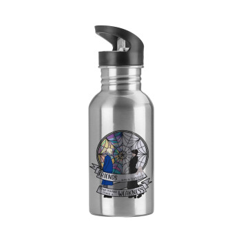 Wednesday window, Water bottle Silver with straw, stainless steel 600ml