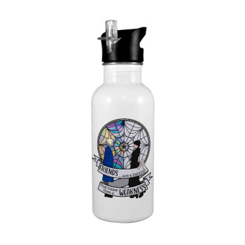 Wednesday window, White water bottle with straw, stainless steel 600ml