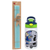 Easter Set, Children's thermal stainless steel bottle with safety straw, green/blue (350ml) & aromatic flat Easter candle (30cm) (TURQUOISE)