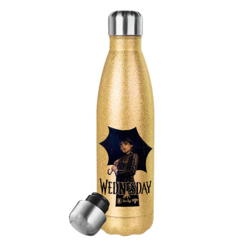 Wednesday rain, Glitter gold stainless steel thermos bottle, double-walled, 500ml