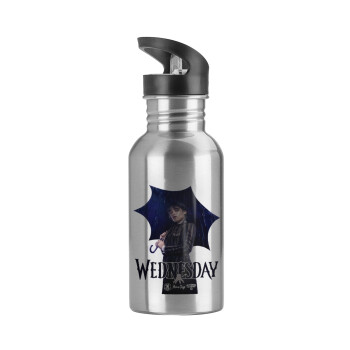 Wednesday rain, Water bottle Silver with straw, stainless steel 600ml