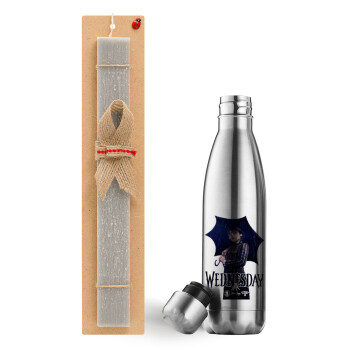 Wednesday rain, Easter Set, metallic stainless thermos flask (500ml) & scented flat Easter candle (30cm) (GRAY)