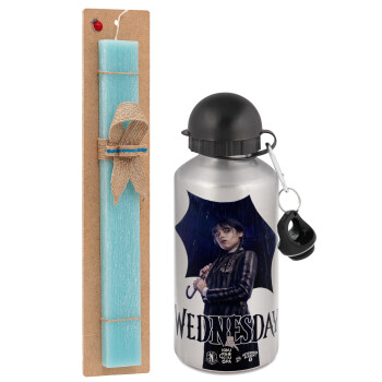 Wednesday rain, Easter Set, metallic silver aluminum water bottle (500ml) & scented flat Easter candle (30cm) (TURQUOISE)