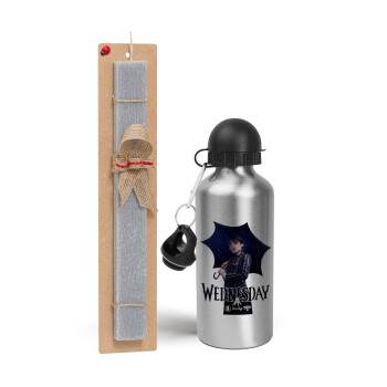 Wednesday rain, Easter Set, metallic silver aluminum water bottle (500ml) & aromatic flat Easter candle (30cm) (GRAY)