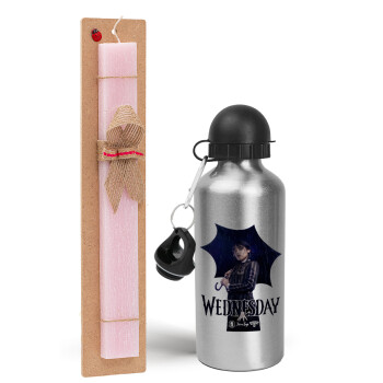 Wednesday rain, Easter Set, metallic Silver aluminum water bottle (500ml) & scented flat Easter candle (30cm) (PINK)