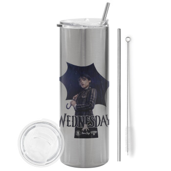 Wednesday rain, Tumbler stainless steel Silver 600ml, with metal straw & cleaning brush