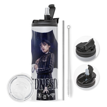 Wednesday rain, Travel Tumbler 2 Lids, with metal straw & cleaning brush (Stainless steel 304 Food grade, BPA free, 600ml)