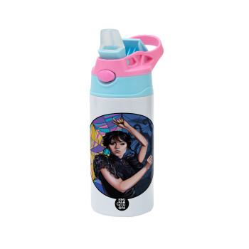 Wednesday dance, Children's hot water bottle, stainless steel, with safety straw, Pink/BlueCiel (360ml) BPA FREE