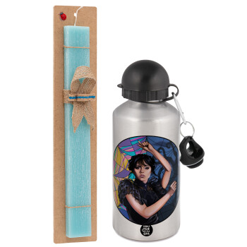 Wednesday dance, Easter Set, metallic silver aluminum water bottle (500ml) & scented flat Easter candle (30cm) (TURQUOISE)