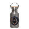 Stainless steel metallic thermos flask, silver with a bamboo lid, double-walled, 350ml.