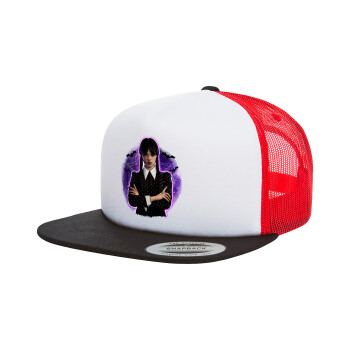 Wednesday moonlight, Adult Foam Flat Snapback with Mesh Black-White-Red (POLYESTER, ADULT, UNISEX, ONE SIZE)