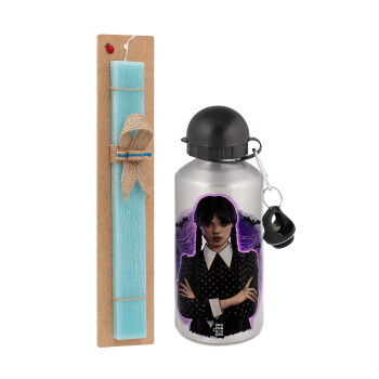 Wednesday moonlight, Easter Set, metallic silver aluminum water bottle (500ml) & scented flat Easter candle (30cm) (TURQUOISE)