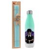 Easter Set, Metallic green/white thermos (Stainless steel), double-walled, 500ml & scented flat Easter candle (30cm) (TURQUOISE)