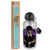 Easter Set, metallic silver aluminum water bottle (500ml) & scented flat Easter candle (30cm) (TURQUOISE)