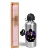 Easter Set, metallic Silver aluminum water bottle (500ml) & scented flat Easter candle (30cm) (PINK)