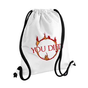 You Died | Dark Souls, Τσάντα πλάτης πουγκί GYMBAG λευκή, με τσέπη (40x48cm) & χονδρά κορδόνια