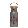 Stainless steel metallic thermos flask, silver with a bamboo lid, double-walled, 350ml.