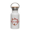 Metallic thermos (Stainless steel) White with wooden lid (bamboo), double-walled, 350ml