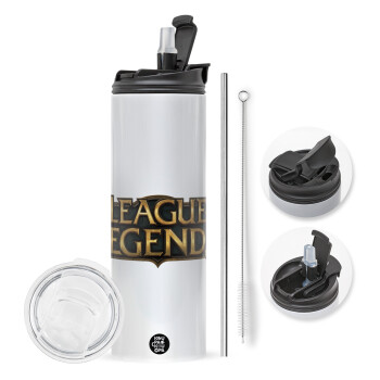 League of Legends LoL, Travel Tumbler θερμό με διπλό καπάκι, μεταλλικό καλαμάκι και βούρτσα καθαρισμού (Ανωξείδωτο 304 Food grade, BPA free, 600ml)