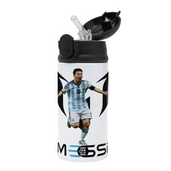 Leo Messi, Children's hot water bottle, stainless steel, with safety straw, Black (360ml) BPA-FREE