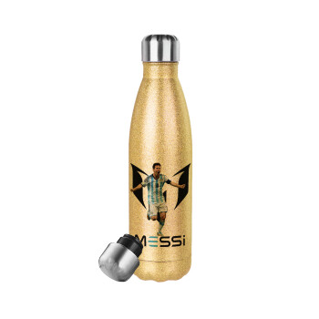 Leo Messi, Glitter gold stainless steel thermos bottle, double-walled, 500ml