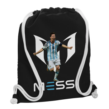 Leo Messi, Τσάντα πλάτης πουγκί GYMBAG Μαύρη, με τσέπη (40x48cm) & χονδρά λευκά κορδόνια