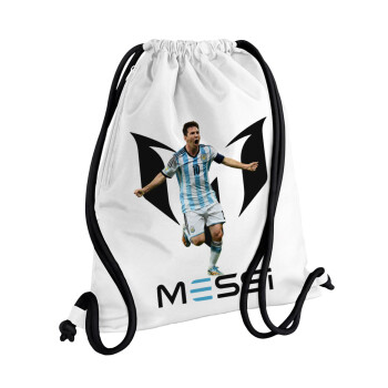 Leo Messi, Τσάντα πλάτης πουγκί GYMBAG λευκή, με τσέπη (40x48cm) & χονδρά κορδόνια