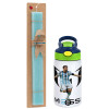 Easter Set, Children's thermal stainless steel bottle with safety straw, green/blue (350ml) & aromatic flat Easter candle (30cm) (TURQUOISE)