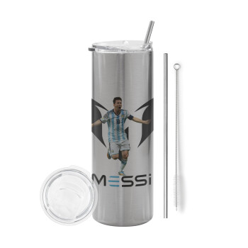 Leo Messi, Eco friendly stainless steel Silver tumbler 600ml, with metal straw & cleaning brush