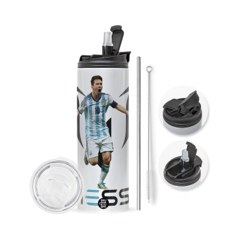 Leo Messi, Travel Tumbler θερμό με διπλό καπάκι, μεταλλικό καλαμάκι και βούρτσα καθαρισμού (Ανωξείδωτο 304 Food grade, BPA free, 600ml)