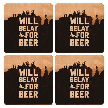 Will Belay For Beer, ΣΕΤ x4 Σουβέρ ξύλινα τετράγωνα plywood (9cm)