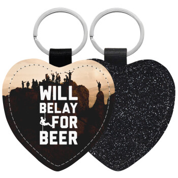 Will Belay For Beer, Μπρελόκ PU δερμάτινο glitter καρδιά ΜΑΥΡΟ